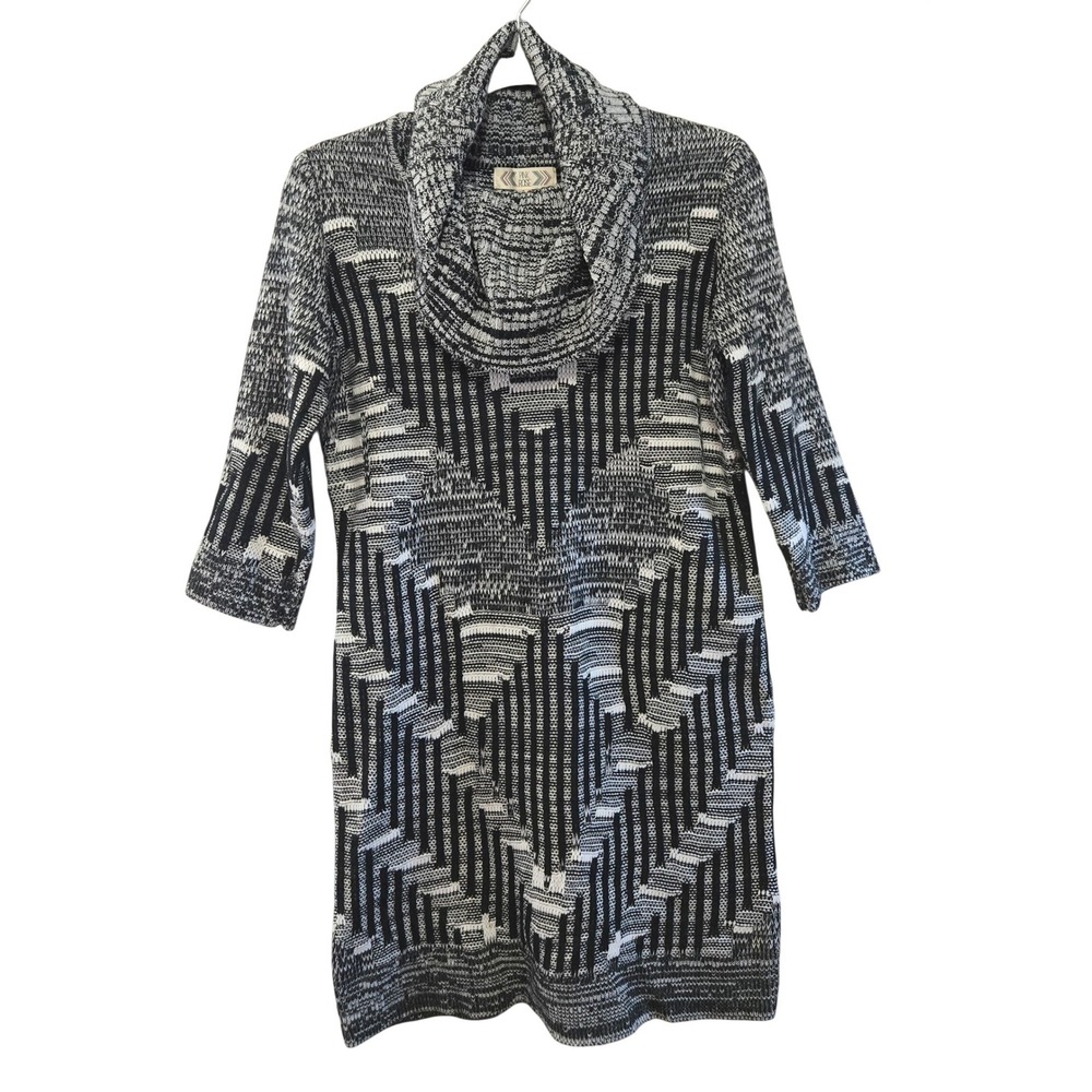 Pink Rose Bold Indie Chic Womens L Black White Geometric Cowl Neck Sweater Dress